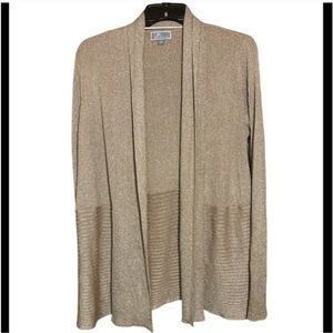 JM collections, metallic gold sparkle, tan open front cardigan size larg...